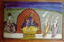 Baba Nanak in the court of God and receiving instructions on his divine mission and the Guruship, early 19th century Janamsakhi painting from Kashmir