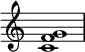 {
\override Score.TimeSignature #'stencil = ##f
\relative c' {
\clef treble
\time 4/4
\key c \major
<c f g>1
} }