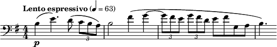 \relative c' { \clef bass \key e \minor \numericTimeSignature \time 4/4 \tempo "Lento espressivo" 4 = 63 b\p( e4.) d8( \times 2/3 { c b a) } | b2 fis'4( g~ | \times 2/3 { g8 fis e } \times 2/3 { g fis d } e fis g, a | b4.) }