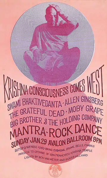 The Mantra-Rock poster showing an Indian swami sitting cross-legged in the top half with circular patterns around and with information about the concert in the bottom half