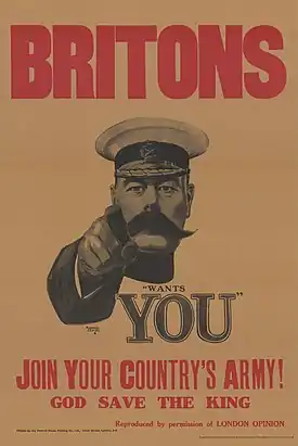 A World War I recruitment poster featuring Lord Kitchener (British Minister of War)