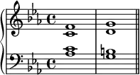 \new PianoStaff <<
\new Staff <<
\new Voice \relative c' {
\stemUp \clef treble \key c \minor \time 4/4
f1 g
}
\new Voice \relative c' {
\stemDown
c1 d
}
>>
\new Staff <<
\new Voice \relative c' {
\stemUp \clef bass \key c \minor \time 4/4
c1 b
}
\new Voice \relative c' {
\stemDown
aes1 g \bar "||"
}
>>
>>
