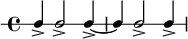 \new RhythmicStaff {
\clef percussion
\time 4/4
\set Score.tempoHideNote = ##t \tempo 4 = 100
c4-> c2-> c4->~ c c2-> c4->
}