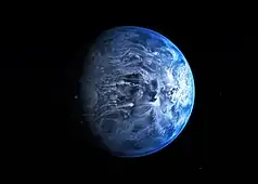 Artist's impression of HD 189733b, depicting a blue gas giant with white cloud tops streaking horizontally away from the tidally-locked planet's subsolar point. This exoplanet has numerous observed and theorized weather conditions, including variations in the escape speed of atmospheric hydrogen, 2 km/s winds in a jet around its equator, and rains of molten glass.