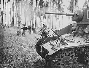 A light tank moves through a palm grove with infantry