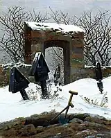 Graveyard under Snow (1826). 31 × 25 cm. Museum der bildenden Künste, Leipzig. Friedrich sketched memorial monuments and sculptures for mausoleums, reflecting his obsession with death and the afterlife. He also created some of the funerary art in Dresden's cemeteries.
