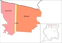 Map showing the resorts of Coronie District.Totness is in yellow