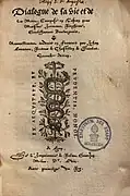 Title page of Dialogue de la vie et de la mort, printed and published by Granjon in his "lettre francoise" (Civilité) type, 1558.