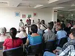 A book release in progress.