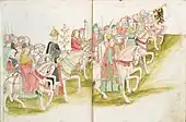 Herald trumpeters play before a procession of the Holy Roman Emperor, Sigismund