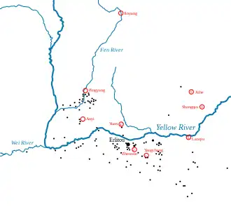 Image 50Traditional Xia sites (red) and Erlitou sites (black) near the Yellow River (from Cradle of civilization)