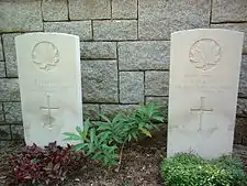 Graves of Pvt. J. Maltese of the Winnipeg Grenadiers and Rifleman A.M. Moir of the Royal Rifles of Canada. Both battalions (commonly known as "C Force") were sent to Hong Kong in November 1941, just three weeks before the invasion.
