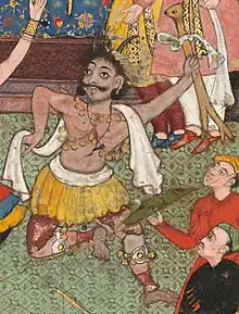 Grotesque dancer wearing  Zanjir (زنجی), dancing in the court of Akbar.