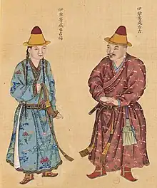 Oirat Choros Prince (Taiji, Chinese: 台吉) from Ili, and his wife. Huang Qing Zhigong Tu, 1769.