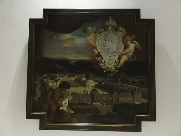 Celebratory tapestry cartoon showing the expanded Louvre between a cherub holding a ribbon inscribed with "LE LOUVRE DE NAPOLEON III" (lower left) and two angels holding the emperor's profile (upper right), by Victor Chavet [fr] (1857); now at the Louvre