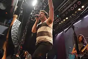 Vocalist Max Bemis and bassist Garron DuPree performing in concert