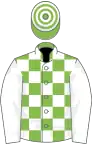 Light green and white check, white sleeves, hooped cap