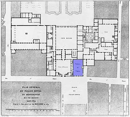 General ground-floor plan of 1679 with the Grande Salle in blue(48°51′46″N 2°20′14″E﻿ / ﻿48.862894°N 2.337255°E﻿ / 48.862894; 2.337255)