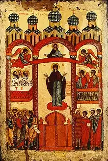 The Protection of Our Most Holy Lady Theotokos (Novgorod Icon, 1401–1425).