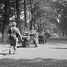 Column of marching men, jeeps towing guns along a tree lined street