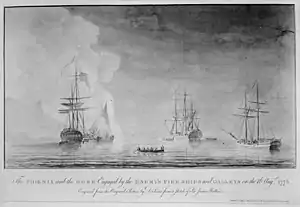 The Phoenix and the Rose engaged by the enemy's fire ships and galleys on 16 August 1776. Engraving by Dominic Serres after a sketch by Sir James Wallace