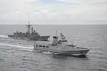KDB Darulaman (08) leads USS Rodney M. Davis during CARAT 2014.