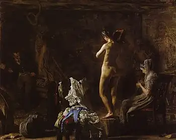 William Rush Carving his Allegorical Figure of the Schuylkill River by Thomas Eakins, 1876–77, oil on canvas (mounted on Masonite), 20 1/8 x 26 1/8 inches (51.1 x 66.4 cm), Philadelphia Museum of Art in Philadelphia