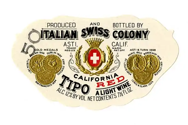 Wine label, Italian Swiss Colony, Tipo California Red